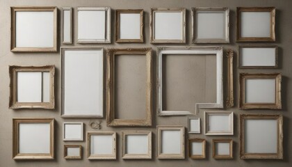 Fototapeta premium Overhead view of a variety of empty frames on a tabletop, vintage, blank