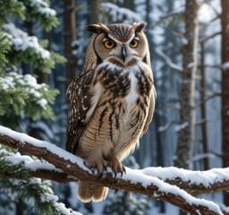 Owl perched on a snowy branch of a coniferous tree, festive, snowy branch, nature