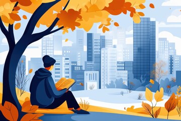 Fototapeta premium Person Reading Book in Autumn Landscape with City Skyline Background