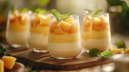 Refreshing Fruit Dessert in Glass with Mint Garnish on Wooden Table