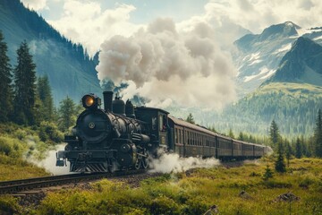 Vintage Steam Train Traveling Through Lush Mountain Landscape