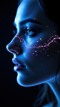 A woman with a close-up portrait showcasing blue electric sparkles emanating from her neck area, likely representing VNS (Vagus Nerve Stimulation). The background is dark with a hint of neon lighting 