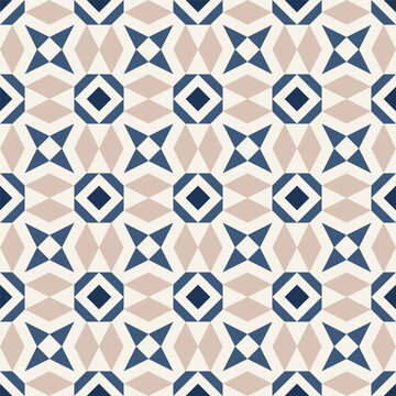 seamless geometric pattern featuring a repeating design of interlocking shapes in a calming palette of beige, blue, and white