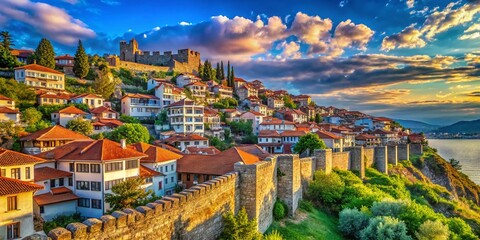 Naklejka premium Samuel's Fortress Ohrid Macedonia: Ancient Walls Overlooking Houses