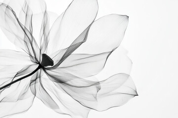 Ethereal black and white abstract flower with translucent petals on a white background