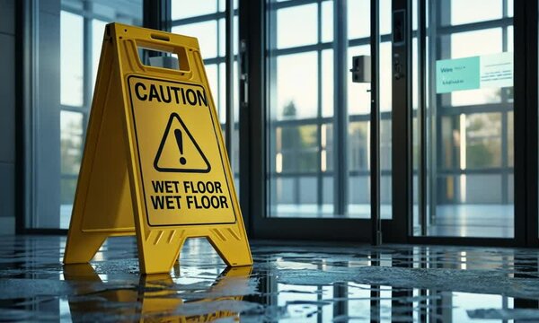 Caution Wet Floor sign in a lobby with reflective wet flooring, emphasizing safety, accident prevention, and clear hazard communication for public spaces.