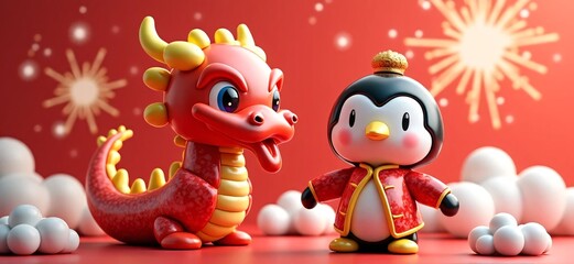 Adorable Cartoon Dragon and Penguin Characters with Festive Background