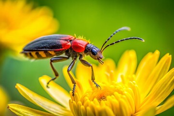 Naklejka premium Red and Black Beetle Taking Flight from Yellow Flower - Nature Macro Photography