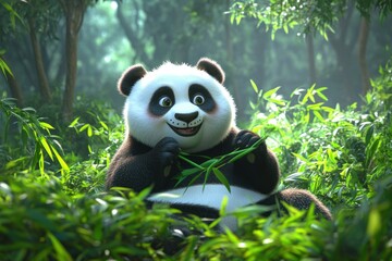 Obraz premium Cute panda enjoying fresh bamboo in a lush green forest setting