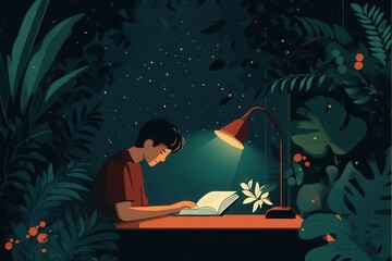 Young Person Reading Book Under Lamp in Lush Greenery at Night