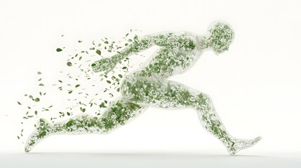 Energetic organic figure made of fresh food products mid stride in a dynamic side profile 3D a conceptual design