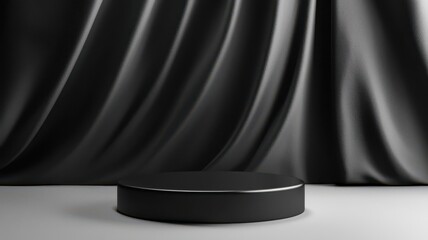 Simple round podium with a smooth finish, placed on a sleek stage with soft reflections, minimal design for luxury presentation