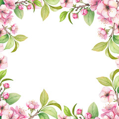 frame with pink flowers.Watercolor apple bloom frame. Retro pink flowers (apple, cherry blossom). Floral frame for vintage greeting card. Aquarelle