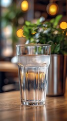 Iced water glass cafe table plants background refreshment