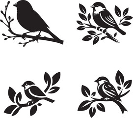 A collection of black silhouette illustrations of Sparrow birds perched on a branch depicted in different poses symbolizes freedom and natural beauty, emphasizing variety