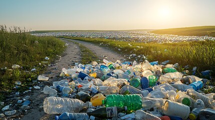 Fototapeta premium Littered Pathway with Plastic Bottles Under Bright Sunset Sky