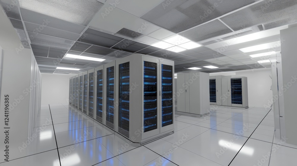 Fototapete modern data center with white walls, reflective flooring, and rows of blue-lit server racks, showcas