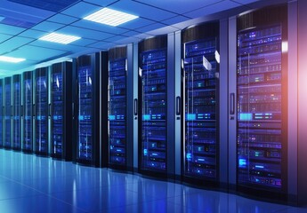 Fototapeta premium Row of advanced blue-lit server racks in a modern data center, designed for secure and efficient digital storage and high-performance computing