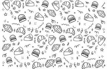 Hand drawn seamless pattern of baking and cooking tools, cake, cupcake, scale. Doodle sketch style. Illustration for textile, background