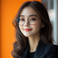 Fototapeta premium beautiful woman Asian wearing glasses young business woman looking at the window in company office entrepreneur manager businesswoman using communication learning at workplace