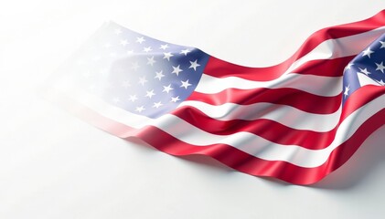Obraz premium High-resolution image of elegant waving US flag on plain white background with clean edges, Holiday Photo, Labour Day, Independence Day