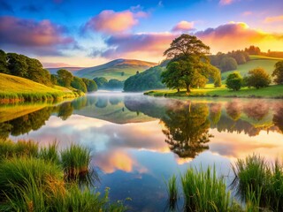 Serene Moorland Lake at Dawn: Misty Reflections & Calm Waters