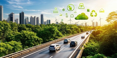 Naklejka premium Sustainable Urban Development with Green Technologies and Renewable Energy Solutions in a Modern Cityscape