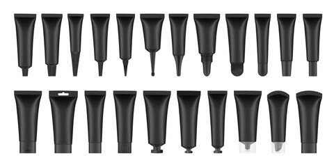 Large set of 22 black cosmetic tubes. Closed blank tubes with caps. Realistic mockup. Long nozzle tube for ointment or salve. Gel serum. Korean packaging. Lip gloss. Toothpaste. Hand cream