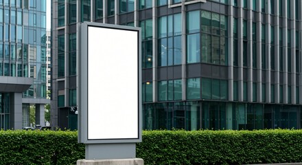 A blank billboard in an urban setting, surrounded by modern glass buildings and greenery. Perfect for advertisements, branding, or marketing campaigns.