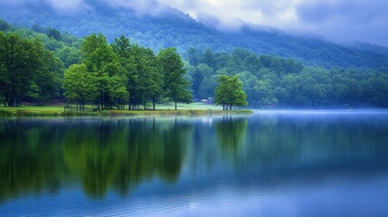 Serene Lake Landscape with Green Trees and Misty Mountains