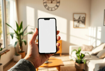 Una mano sosteniendo un teléfono móvil con pantalla en blanco en una sala de estar con color beige, una sensación de luz solar con sombras de plantas 