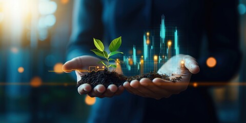 Hands Holding Soil and Young Plant with Digital Graph Overlay, Symbolizing Growth, Nature, and Sustainable Development in Modern Business Context