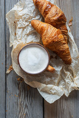 Fresh croissants with a cup of cappuccino (coffee) on a wooden background. Popular tasty breakfast.