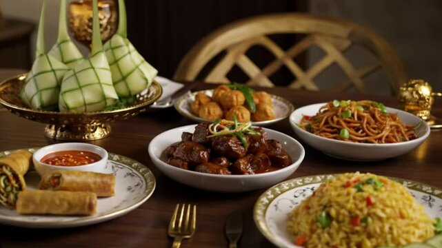A typical Eid dish, namely ketupat with coconut milk vegetables on the table which is still warm and smoke can be seen coming out of the food being served