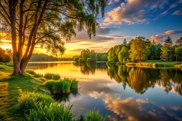 Fototapeta premium Serene Summer Evening: Lakeside Calm, Low Light Photography