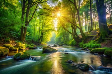 Serene Sunny Day: Peaceful Stream Flowing Through Lush Forest