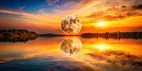Obraz premium Serene Sunset: Gibbous Moon Reflecting on Calm Water