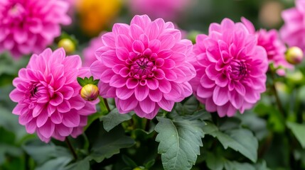 Vibrant pink dahlias in full bloom, surrounded by lush green leaves and blurred colorful flower in background