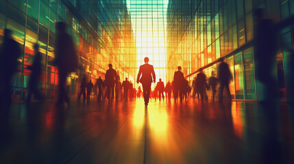 Obraz premium Group of business people silhouettes in modern office building and business network concept. Human resources with pastel innovation charts and graphs with statistics to analyze business 