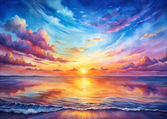 Fototapeta premium Serene Watercolor Sunset Seascape: Peaceful Ocean Background