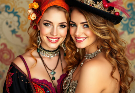 Dos hermosas mujeres j&oacute;venes gitanas elegantes sonriendo
