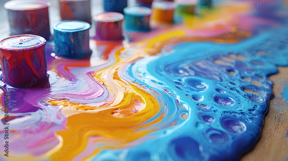 Poster a vibrant scene of spilled paint in various colors, creating a beautiful, swirling pattern on a surf