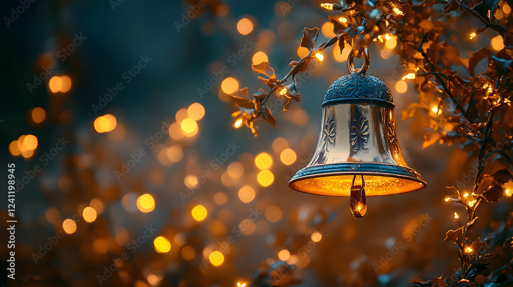 Poster a beautiful bell hangs amidst twinkling warm lights, creating a serene and enchanting atmosphere in 