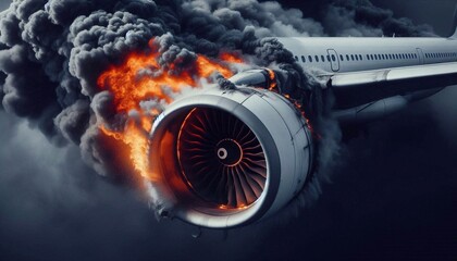 Close-up of passenger plane engine fire, aviation accident and smoke emergency