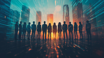 Group of business people silhouettes in modern office building and business network concept. Human resources with pastel innovation charts and graphs with statistics to analyze business	