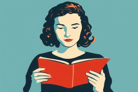 Woman Reading a Book with Relaxed Expression in Vintage Style