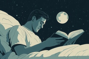 Young Man Reading Book Under Moonlight in Cozy Bedroom Setting