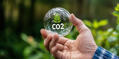 Hand Holding a Transparent Globe with CO2 Symbol and Leaf Design, Representing Environmental Awareness and Sustainability in Nature Conservation
