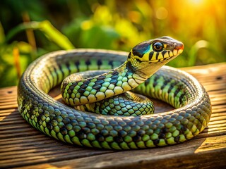 Fototapeta premium Ringed Snake on Wooden Steps - Wildlife Stock Photo
