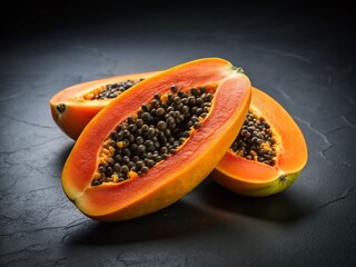 Ripe Halved Papayas on Black Background - Flat Lay with Copy Space for Text